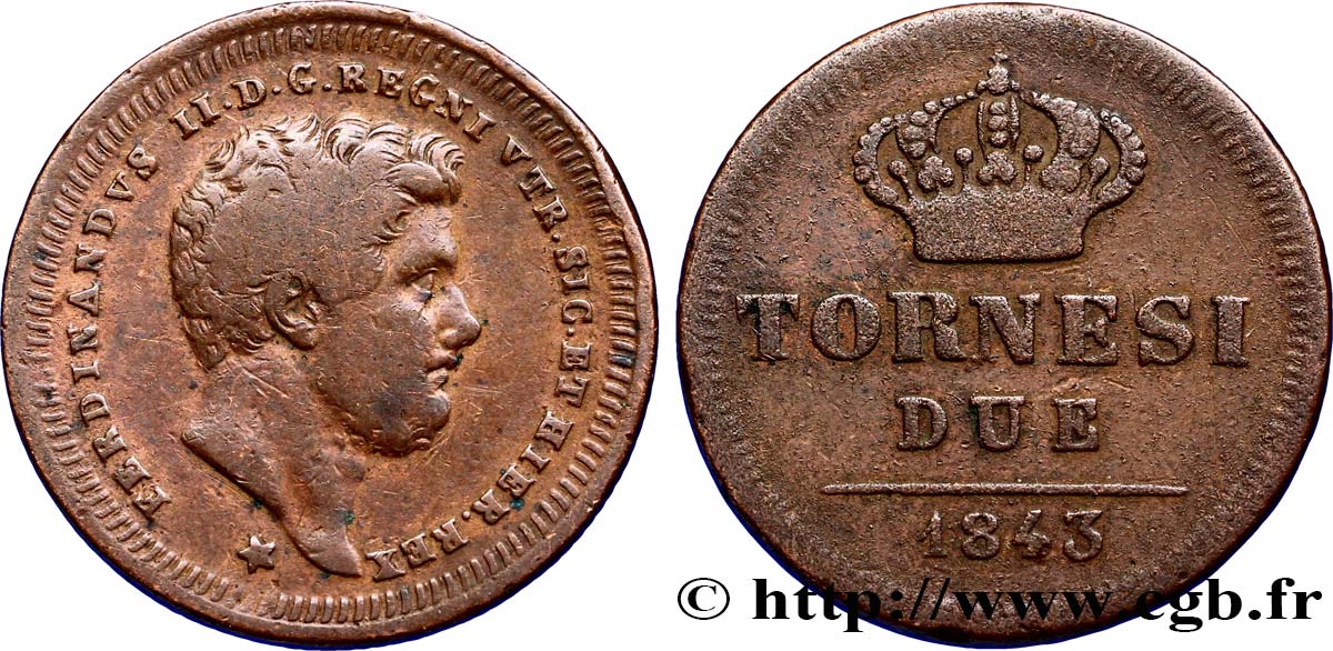 ITALIEN - KÖNIGREICH BEIDER SIZILIEN 2 Tornesi Royaume des Deux-Siciles, Ferdinand II / couronne étoile à 6 pointes 1843 Naples S 