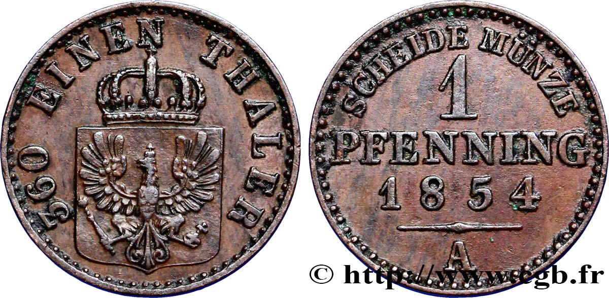 GERMANIA - PRUSSIA 1 Pfenninge Royaume de Prusse écu à l’aigle 1854 Berlin BB 