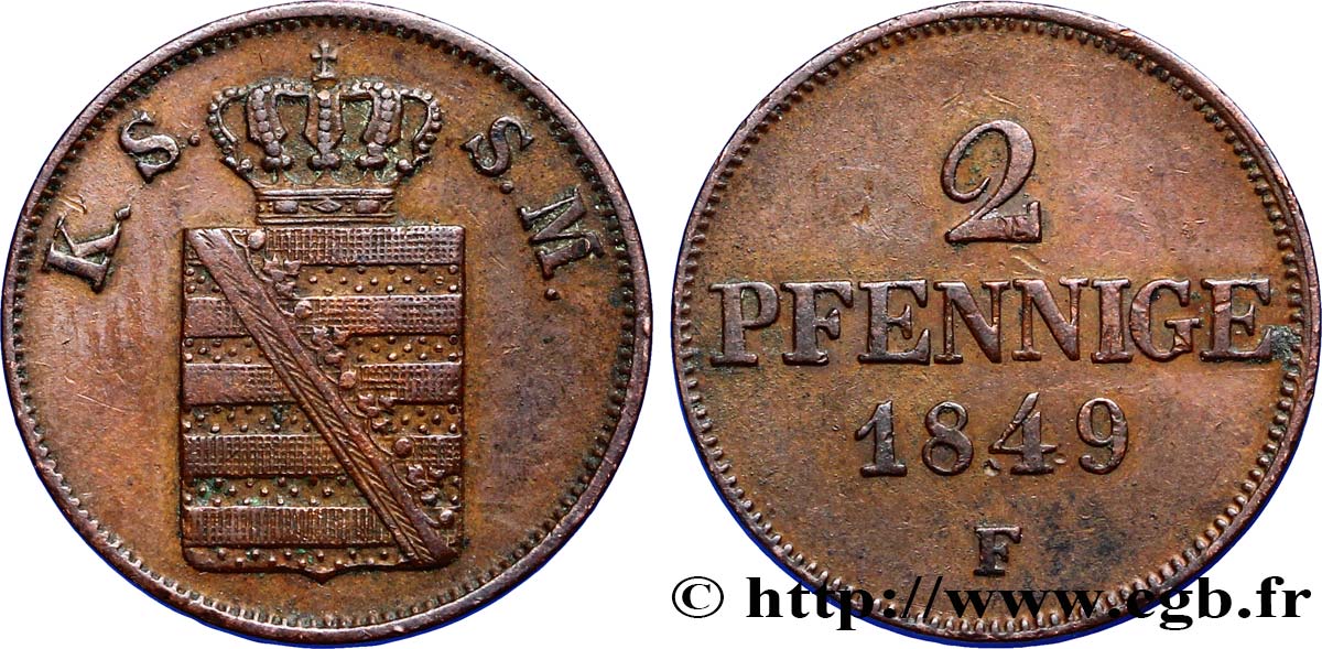 GERMANY - SAXONY 2 Pfennige Royaume de Saxe, blason 1849 Dresde XF 
