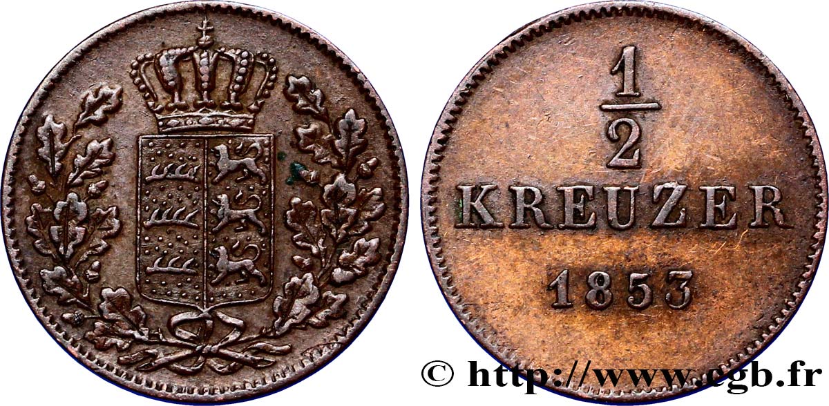 GERMANIA - WÜRTEMBERG 1/2 Kreuzer Royaume du Würtemberg 1853 Stuttgart q.SPL 