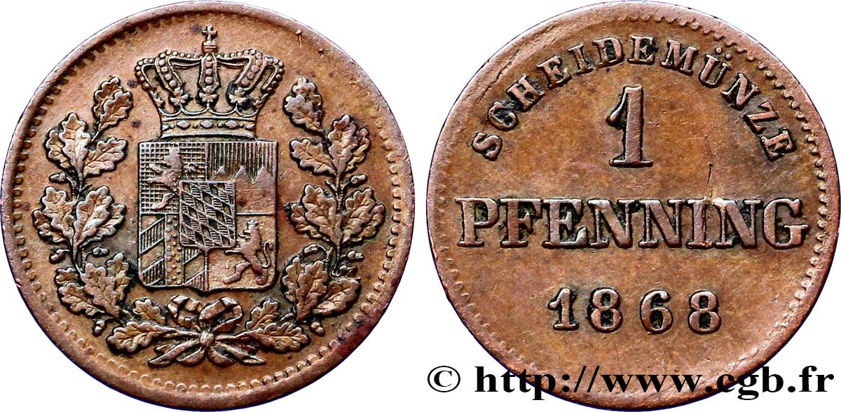 ALEMANIA - BAVIERA 1 Pfennig Royaume de Bavière, écu couronné 1868  MBC 