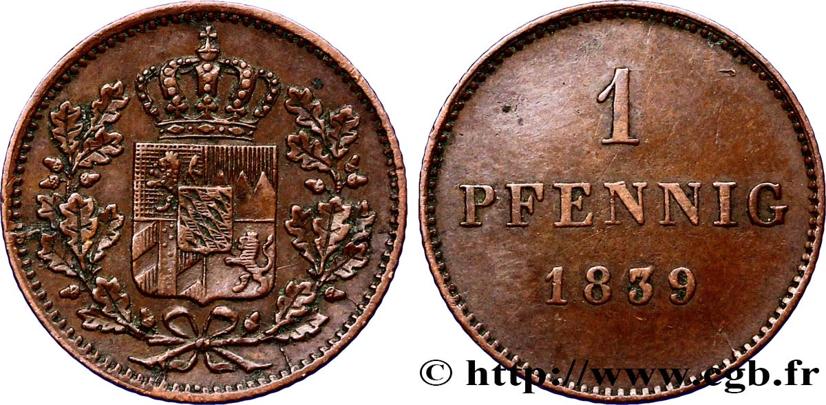 ALEMANIA - BAVIERA 1 Pfennig Royaume de Bavière, écu couronné 1839  MBC 