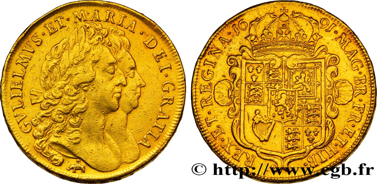 GREAT-BRITAIN - WILLIAM AND MARY 5 Guinées 1691 Londres XF 