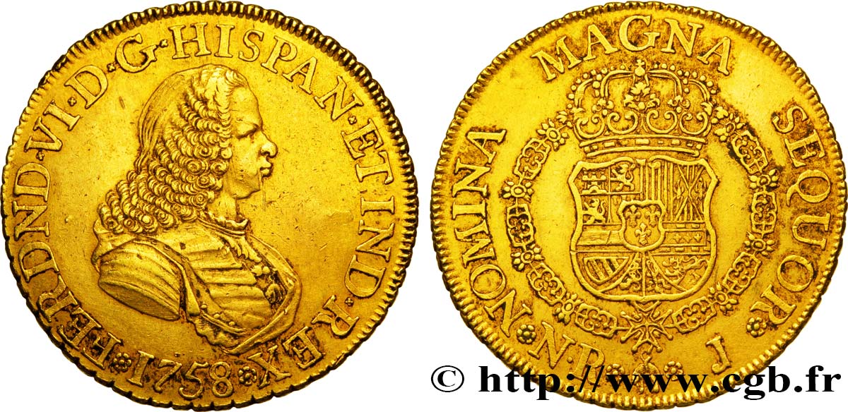 SPANISH AMERICA - FERDINAND VI Huit escudos en or 1758 Nuevo Reino AU/AU 