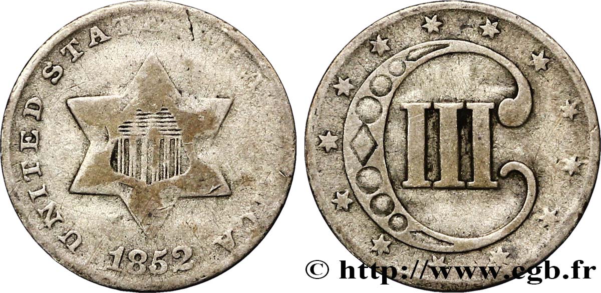 STATI UNITI D AMERICA 3 Cents 1852 Philadelphie q.MB 