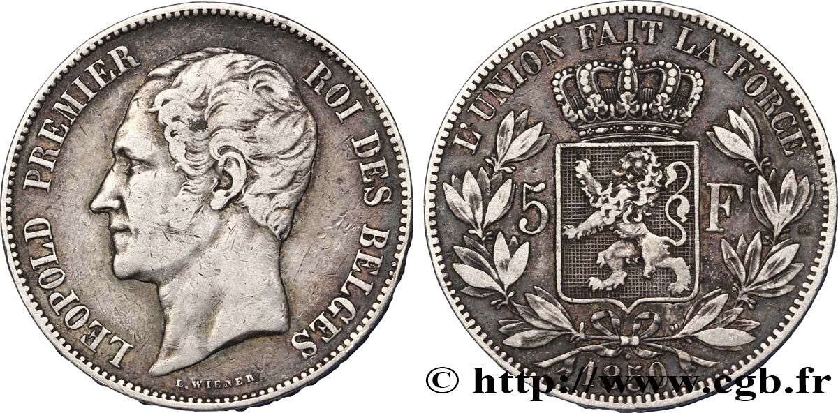 BELGIUM 5 Francs Léopold Ier 1850  XF 