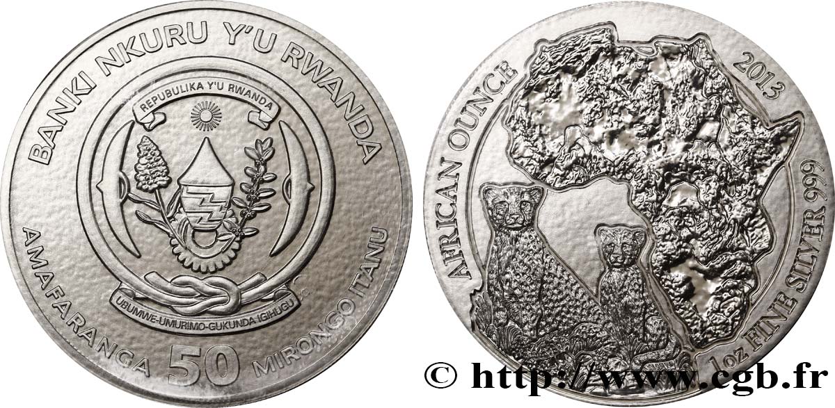 RUANDA 50 Francs (1 once) emblème / léopards et carte de l’Afrique 2013  ST 