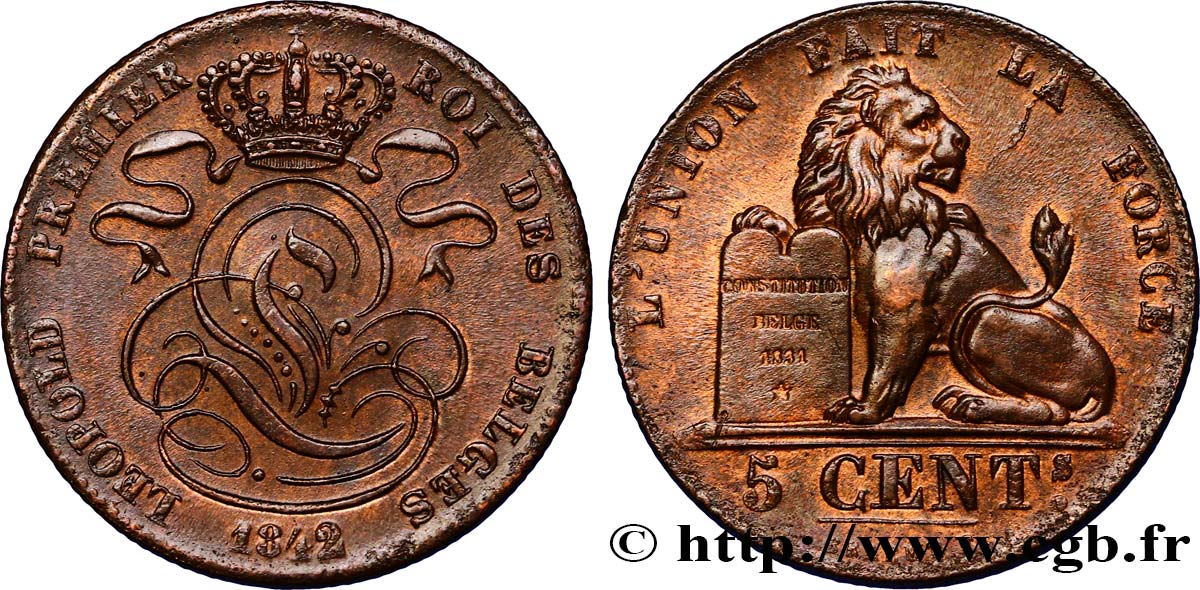 BELGIUM 5 Centimes monogramme de Léopold Ier 1842  XF 
