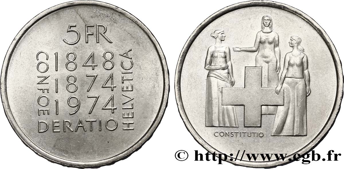 SWITZERLAND 5 Francs centenaire de la révision de la constitution 1974 Berne - B AU 