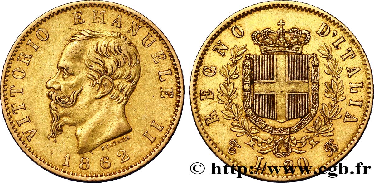 ITALIA 20 Lire Victor Emmanuel II 1862 Turin BB 