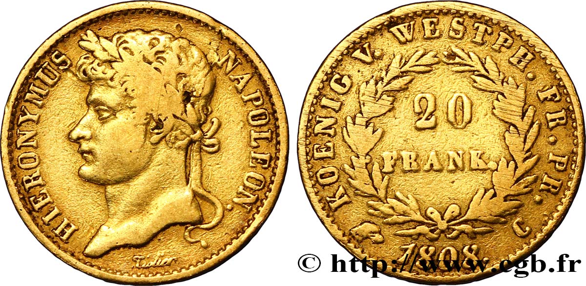GERMANY - KINGDOM OF WESTPHALIA - JÉRÔME NAPOLÉON 20 Franken 1808 Cassel BC+ 