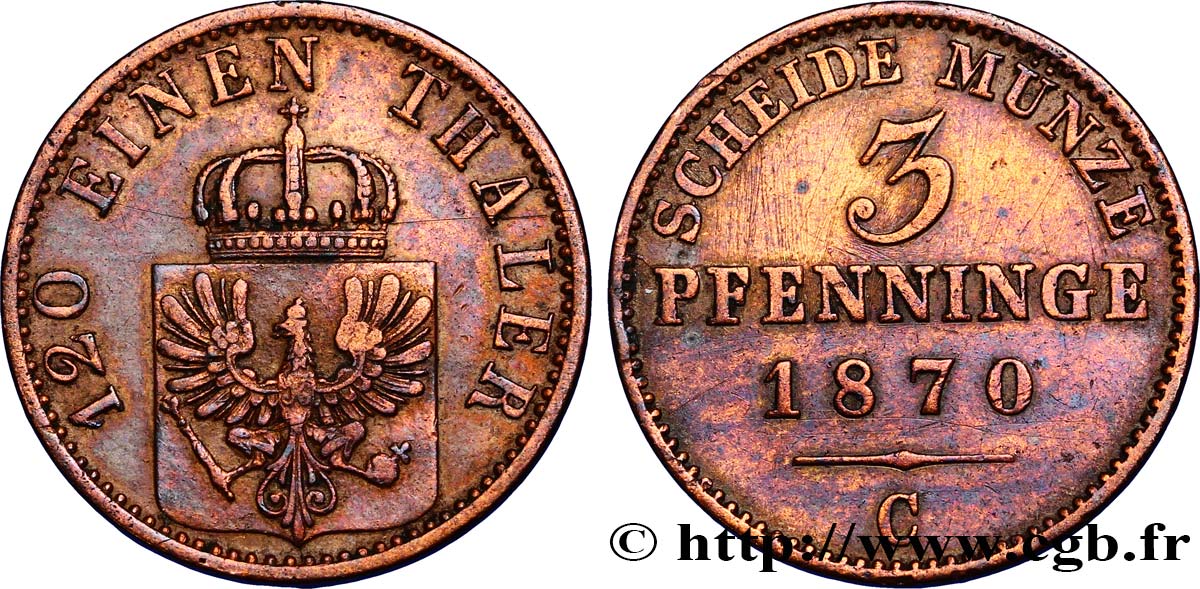 GERMANY - PRUSSIA 3 Pfenninge Royaume de Prusse écu à l’aigle 1870 Francfort AU 
