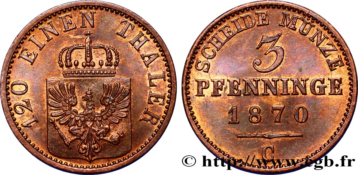 ALEMANIA - PRUSIA 3 Pfenninge Royaume de Prusse écu à l’aigle 1870 Francfort - C EBC 