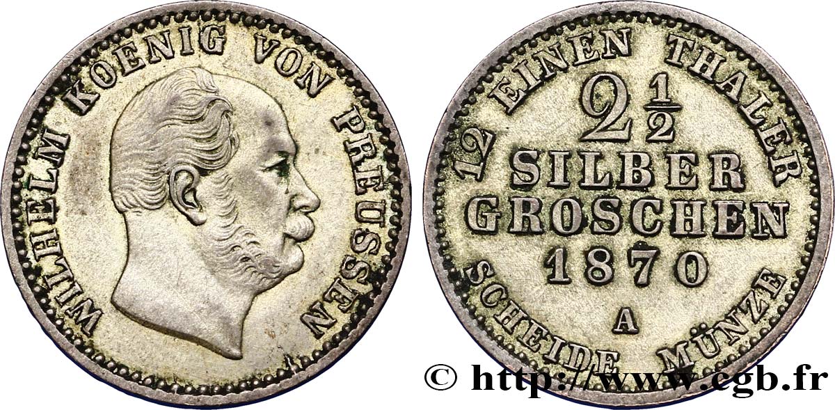 ALLEMAGNE - PRUSSE 2 1/2 Silbergroschen (1/12 Thaler) Guillaume 1870 Berlin TTB+ 