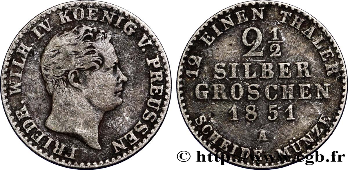 GERMANIA - PRUSSIA 2 1/2 Silbergroschen Royaume de Prusse Frédéric Guillaume IV 1851 Berlin BB 