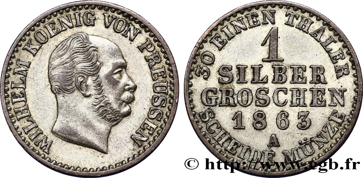 GERMANIA - PRUSSIA 1 Silbergroschen Guillaume Ier 1863 Berlin q.SPL 