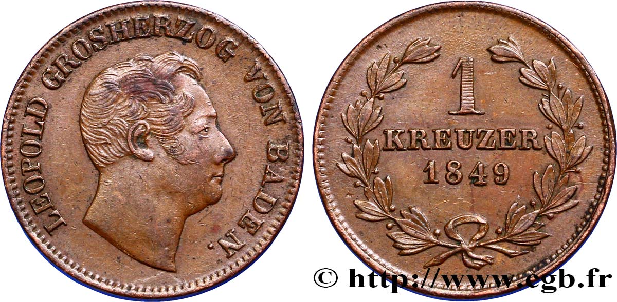 GERMANIA - BADEN 1 Kreuzer Grand-Duché de Bade : Léopold, type à la grosse tête 1849 Karlsruhe BB 
