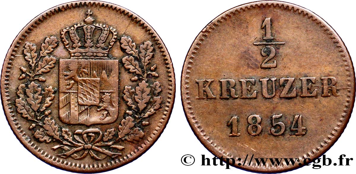 GERMANY - BAVARIA 1/2 Kreuzer Royaume de Bavière 1854  XF 