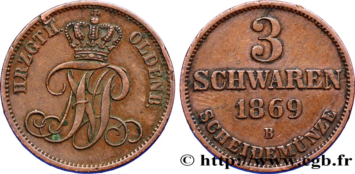 GERMANY - OLDENBURG 3 Schwaren monogramme du grand-duc Nicolas Frédéric Pierre 1860 Hanovre XF 