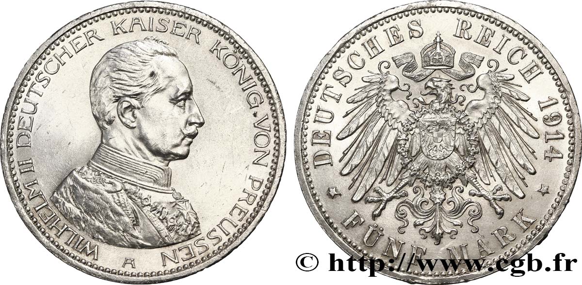 GERMANY - PRUSSIA 5 Mark Guillaume II 1914 Berlin MS 
