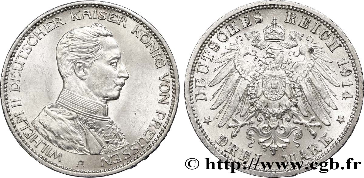 GERMANIA - PRUSSIA 3 Mark Guillaume II 1914 Berlin SPL 