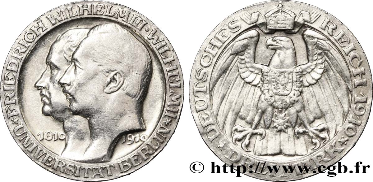 GERMANIA - PRUSSIA 3 Mark, 100e anniversaire de l’Université de Berlin 1910 Berlin BB 