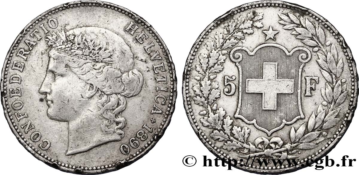 SVIZZERA  5 Francs Helvetia buste 1890 Berne q.BB 