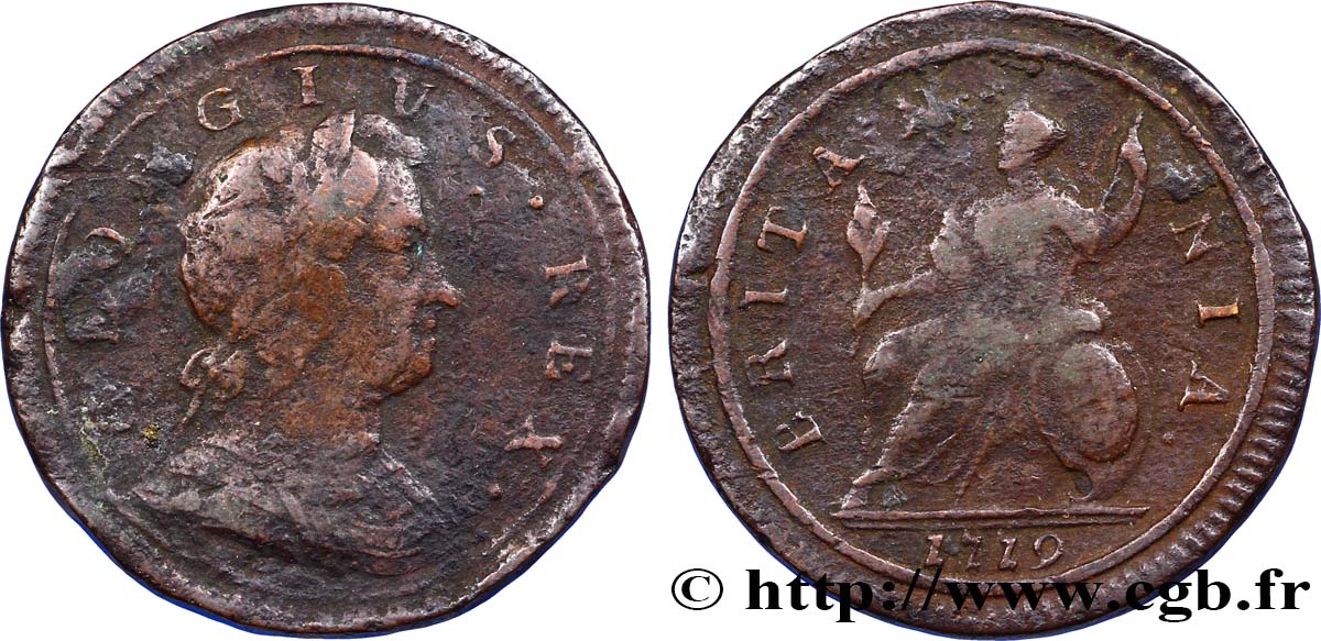UNITED KINGDOM 1/2 Penny Georges Ier tête laurée / Britannia 1719  VG 