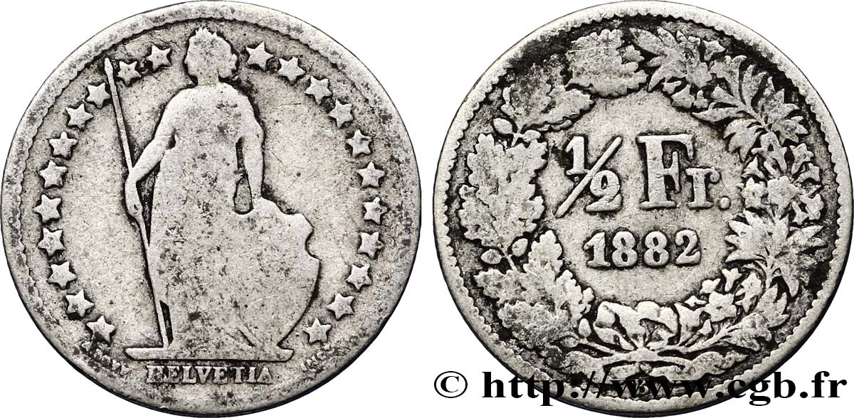 SWITZERLAND 1/2 Franc Helvetia 1882 Berne VF 