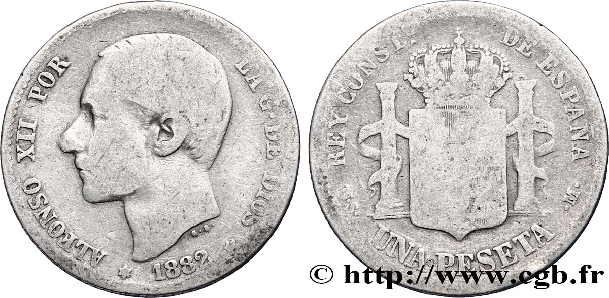 SPANIEN 1 Peseta Alphonse XII  / emblème couronné 1882 Madrid SGE 