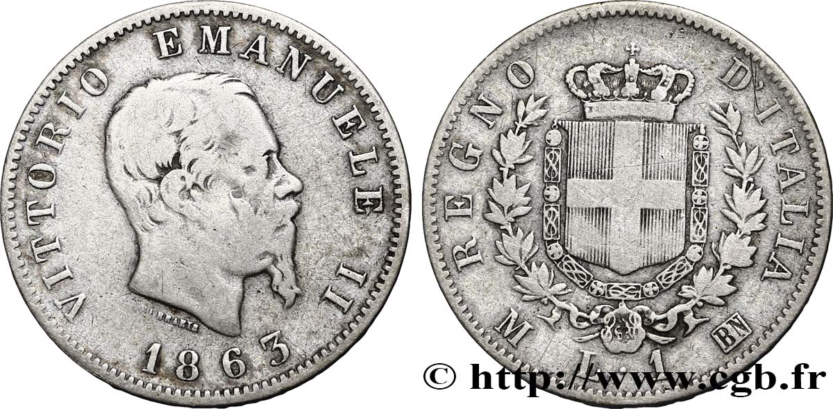 ITALY 1 Lire Victor Emmanuel II / armes de Savoie 1867 Milan VF 