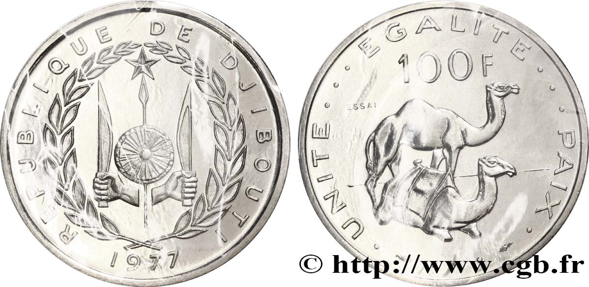 DJIBOUTI Essai de 100 Francs  emblème / dromadaires 1977 Paris MS70 