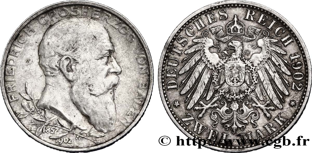 GERMANY - BADEN 2 Mark 50 ans de règne de Frédéric 1902 Karlsruhe XF 