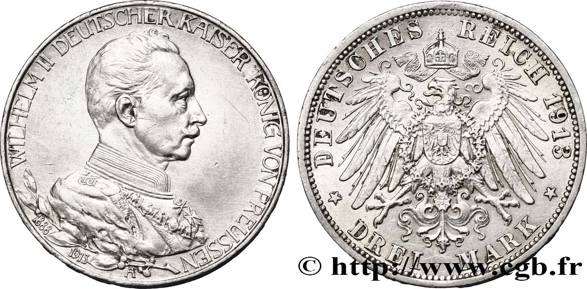 GERMANY - PRUSSIA 3 Mark 25e anniversaire de règne de Guillaume II 1913 Berlin AU 