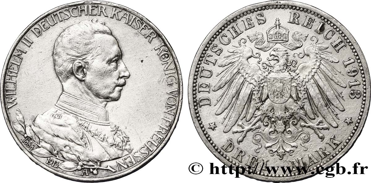 ALEMANIA - PRUSIA 3 Mark 25e anniversaire de règne de Guillaume II 1913 Berlin MBC 