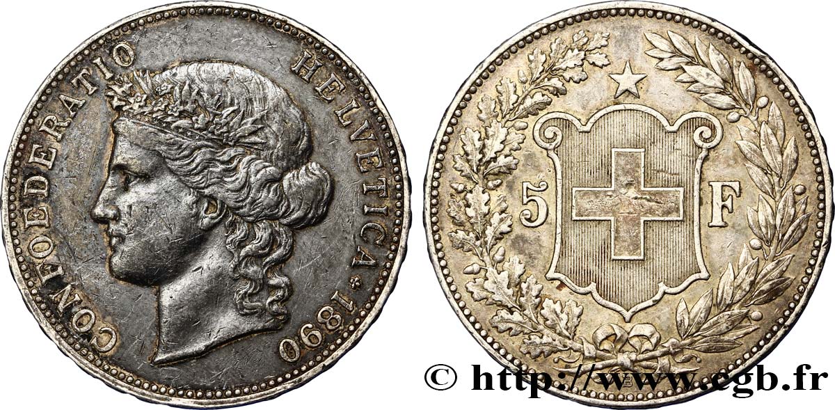SVIZZERA  5 Francs Helvetia buste 1890 Berne BB/q.SPL 
