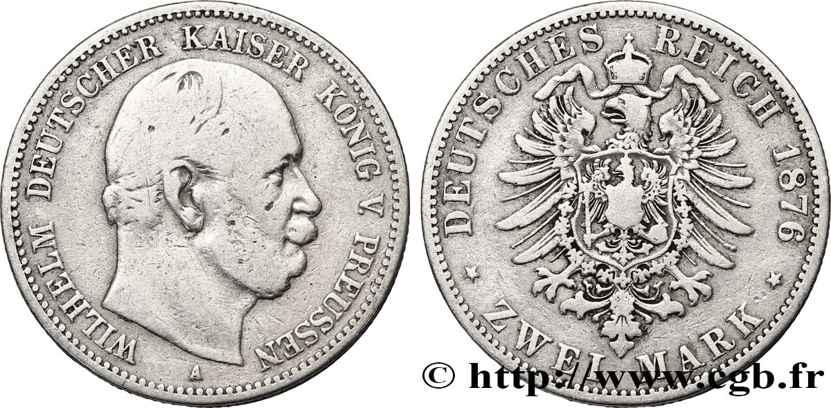GERMANIA - PRUSSIA 2 Mark Guillaume Ier 1876 Berlin q.BB 