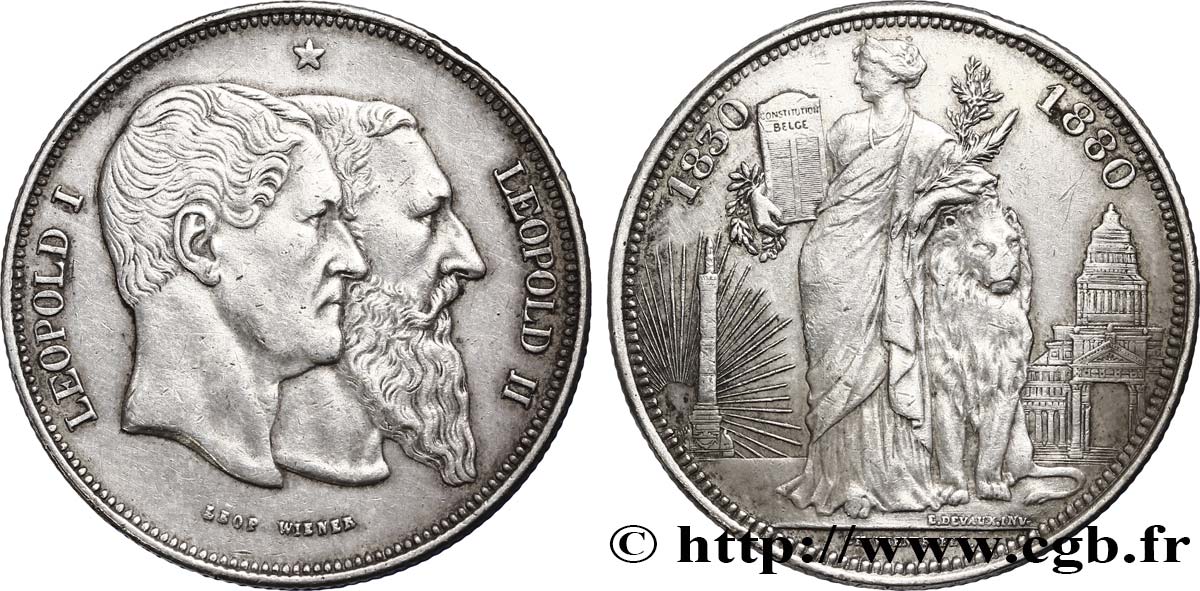 BELGIQUE 5 Francs, Cinquantenaire du Royaume (1830-1880) 1880 Bruxelles TTB 