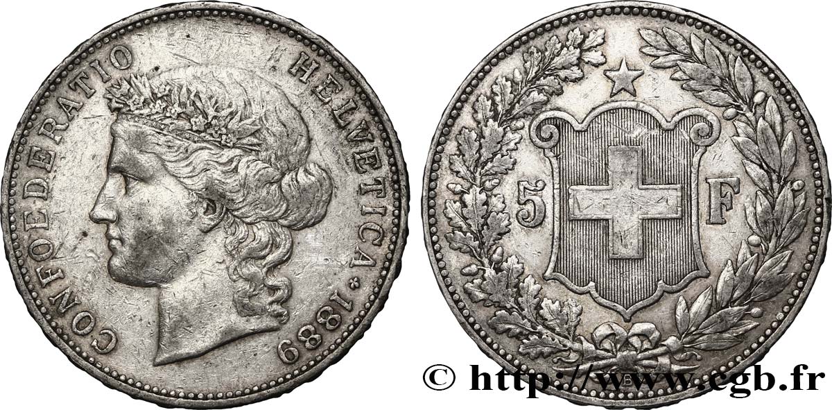 SVIZZERA  5 Francs Helvetia buste 1889 Berne BB 