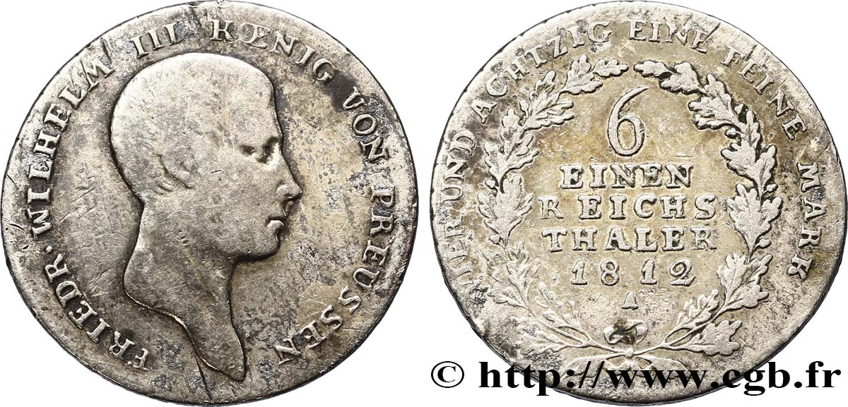 ALEMANIA - PRUSIA 1/6 Thaler Frédéric-Guillaume III roi de Prusse 1812 Berlin BC 