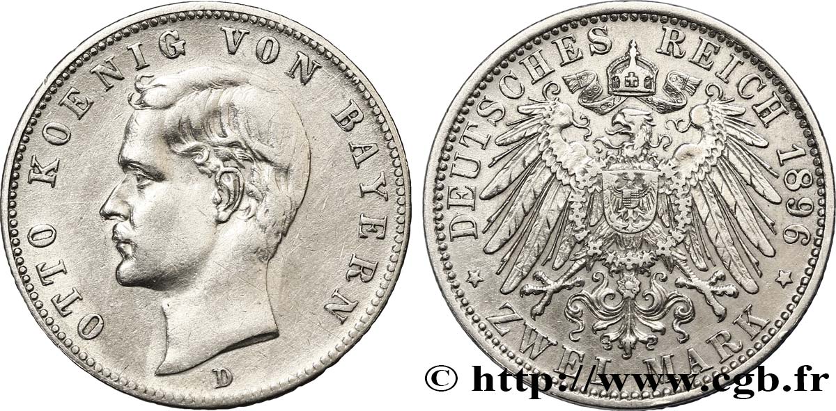 GERMANY - BAVARIA 2 Mark Othon Ier 1896 Munich XF 