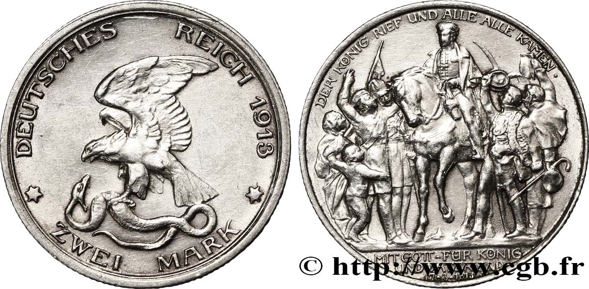 ALEMANIA - PRUSIA 2 Mark 100e anniversaire défaite de Napoléon 1913 Berlin EBC 