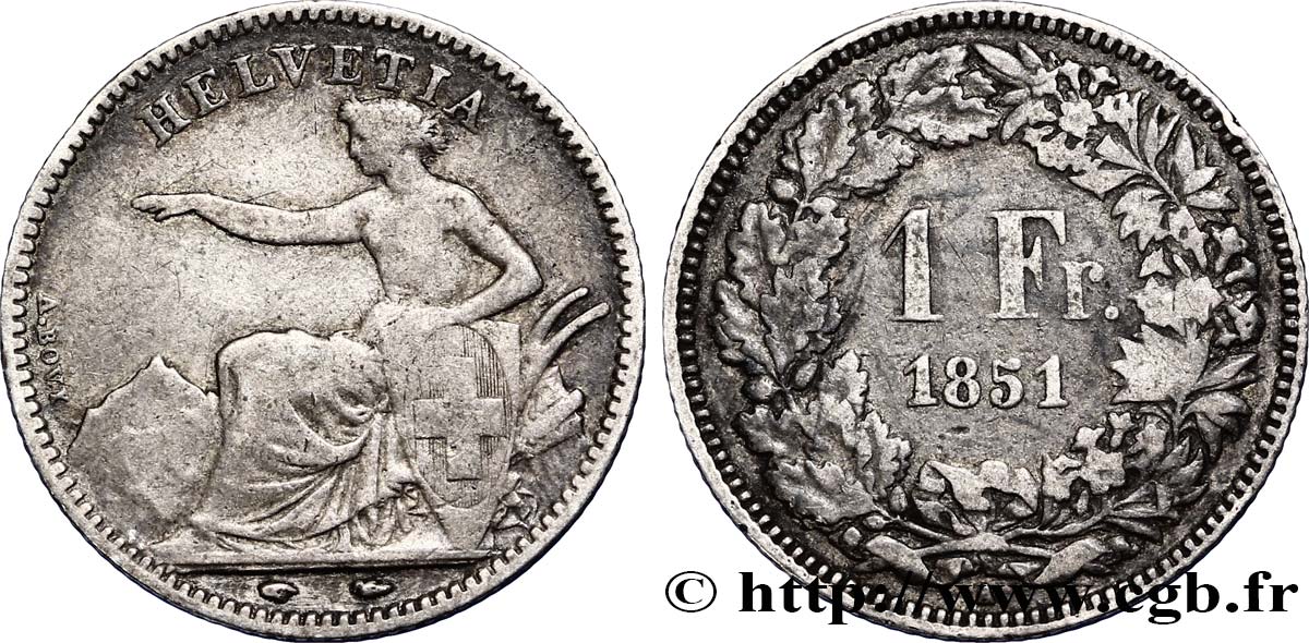 SWITZERLAND 1 Franc Helvetia assise 1851 Paris VF 