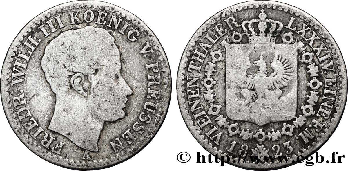 ALEMANIA - PRUSIA 1/6 Thaler Frédéric-Guillaume III roi de Prusse 1823 Berlin BC 