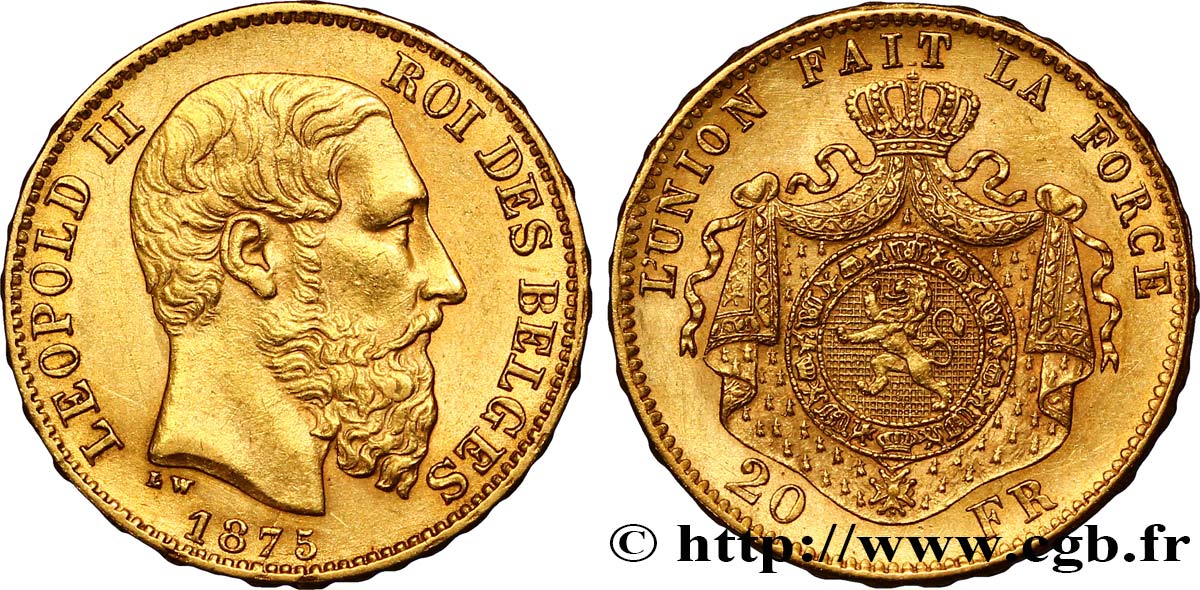 BÉLGICA 20 Francs Léopold II 1875 Bruxelles MBC+ 