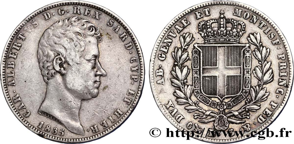 ITALIEN - KÖNIGREICH SARDINIEN 5 Lire Charles Albert 1835 Gênes fSS 