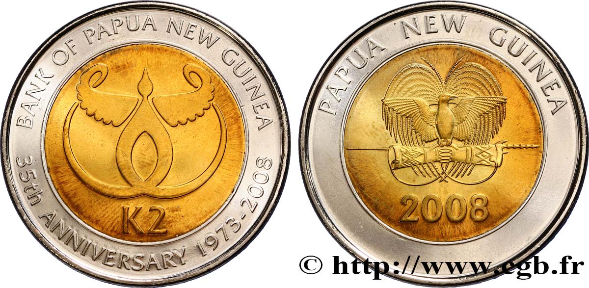 PAPUA NUOVA GUINEA 2 Kina 35e anniversaire de la Banque centrale, oiseau de paradis 2008  MS 