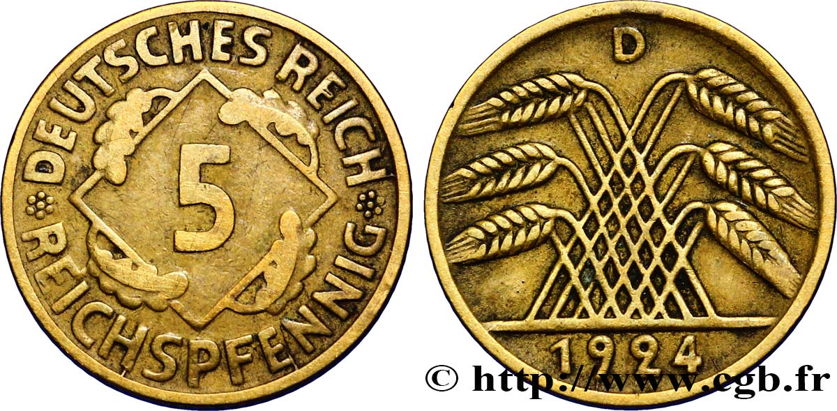 ALEMANIA 5 Reichspfennig gerbe de blé 1924 Munich BC+ 