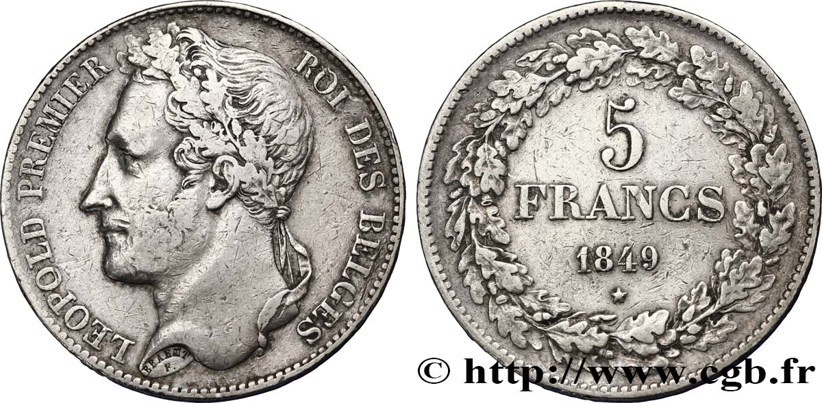 BELGIUM 5 Francs Léopold Ier tête laurée 1849  VF 