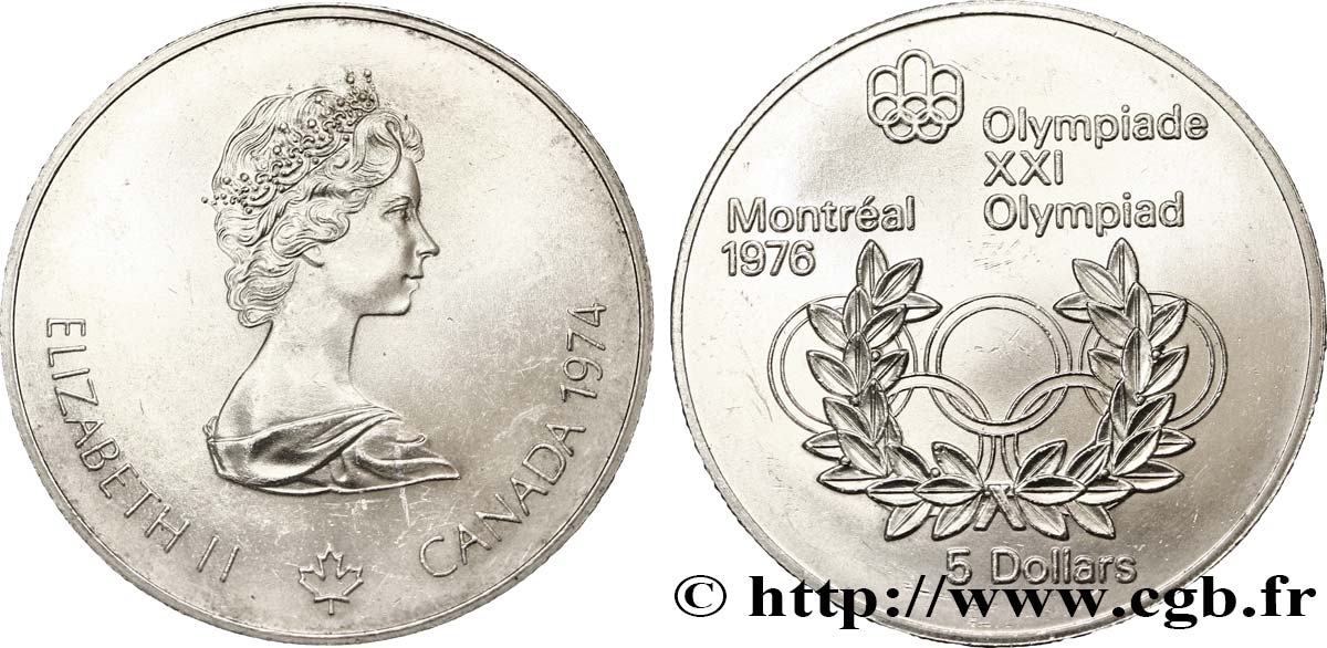 KANADA 5 Dollars JO Montréal 1976 anneaux olympiques / Elisabeth II 1974  VZ 